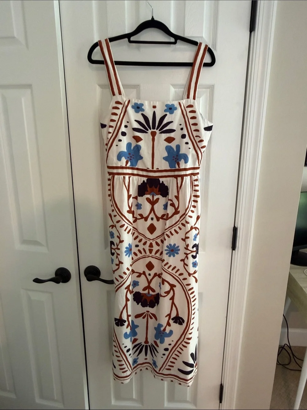 Mixed Print Cotton & Linen Midi Dress